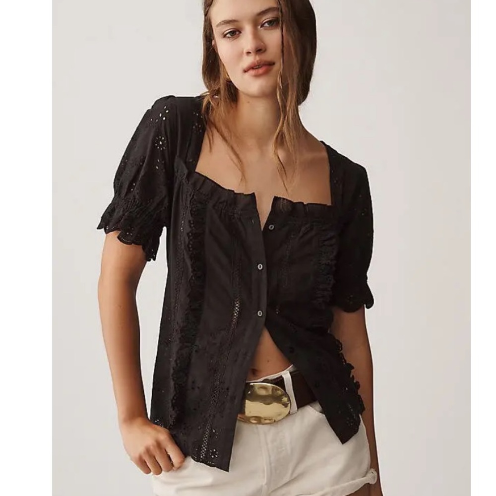 Anthropologie Black Eyelet Button-Up Blouse